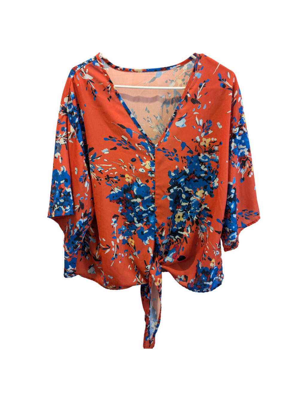 Women's Floral V-Neck Tie Knot Front Blouse, Orange and Blue, Size Large
